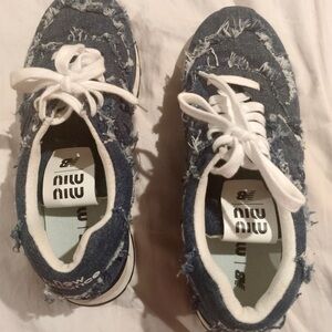 Miu Miu Distressed Denim Lace-Up Sneakers in Blue and White